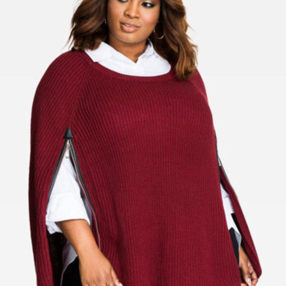 NWOT Red Knit Sweater Cape with Zippers 2x